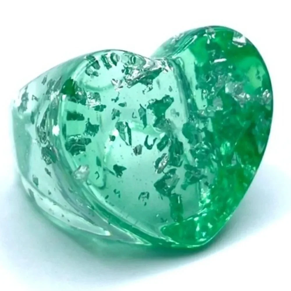 Green Acrylic with Embedded Silver Leaf Heart Shape Chunky Ring Size 8